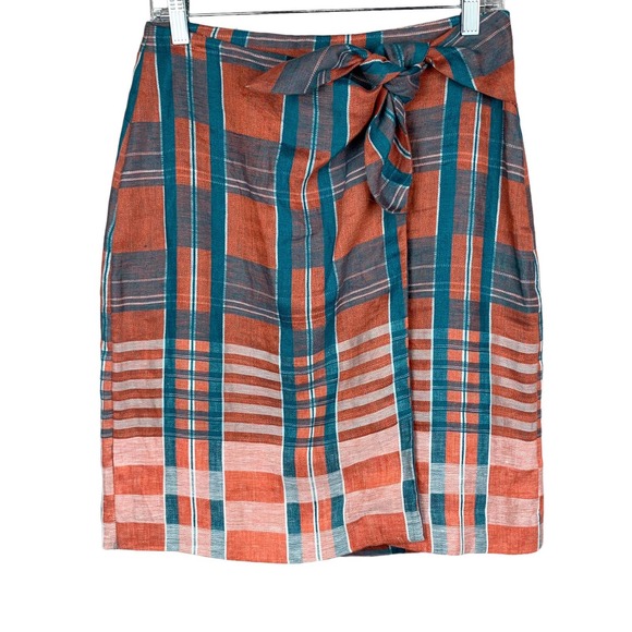 Ann Taylor Faux Wrap Skirt Plaid Linen Blue Orange Women’s 2 - Picture 1 of 7